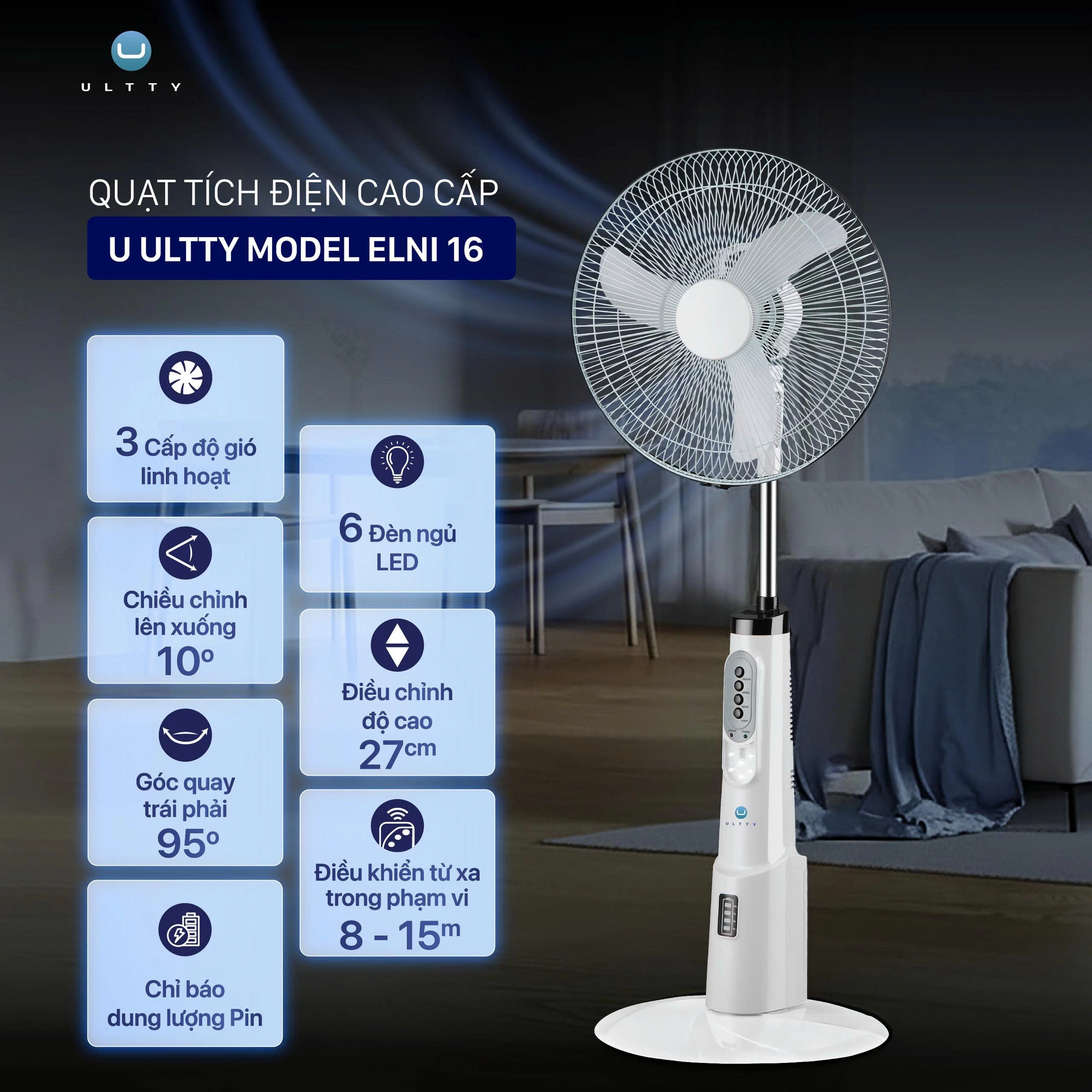 Quạt Tích Điện Dáng Đứng Cao Cấp U ULTTY ELNI 16